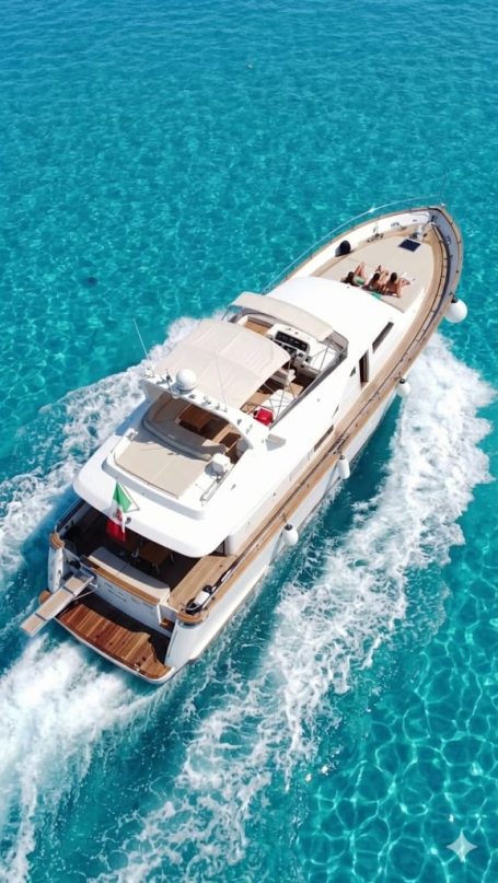 Escursioni in Yacht Shalimar IV Luxury motorboat sailing in clear turquoise waters.